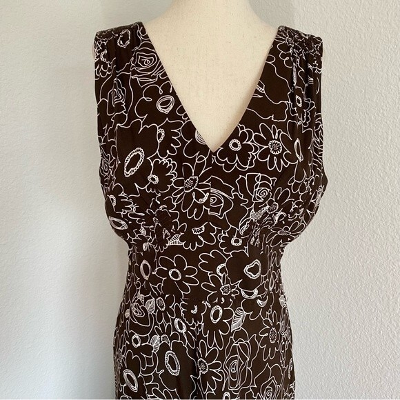 Vintage Sheri Martin Midi Floral Brown White V Neck Criss Cross Size 10 - Picture 4 of 11